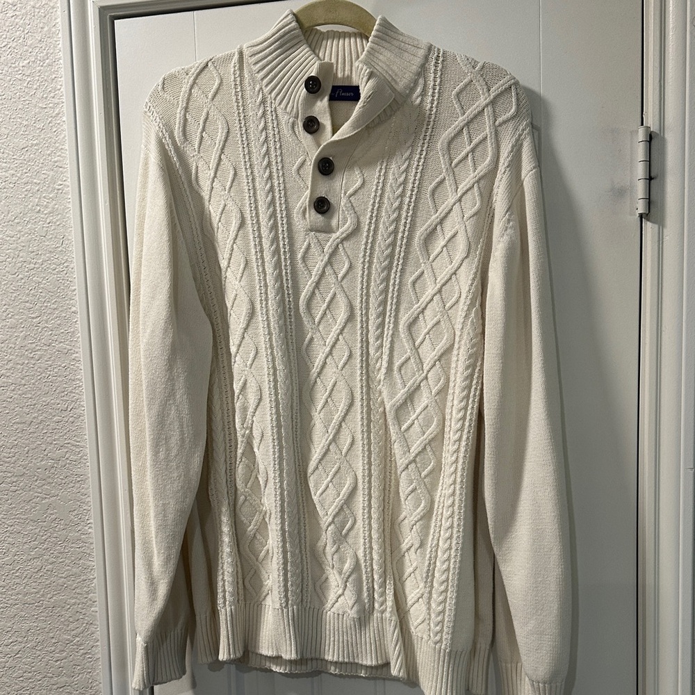 Alan Flusser Classic Cable Knit Button-Front Men's Sweater - Cream